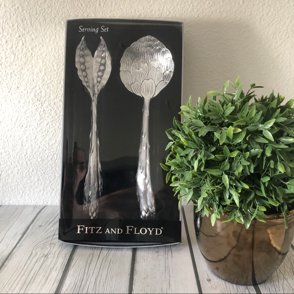 FITZ and FLOYD metal salad spoon and fork set.